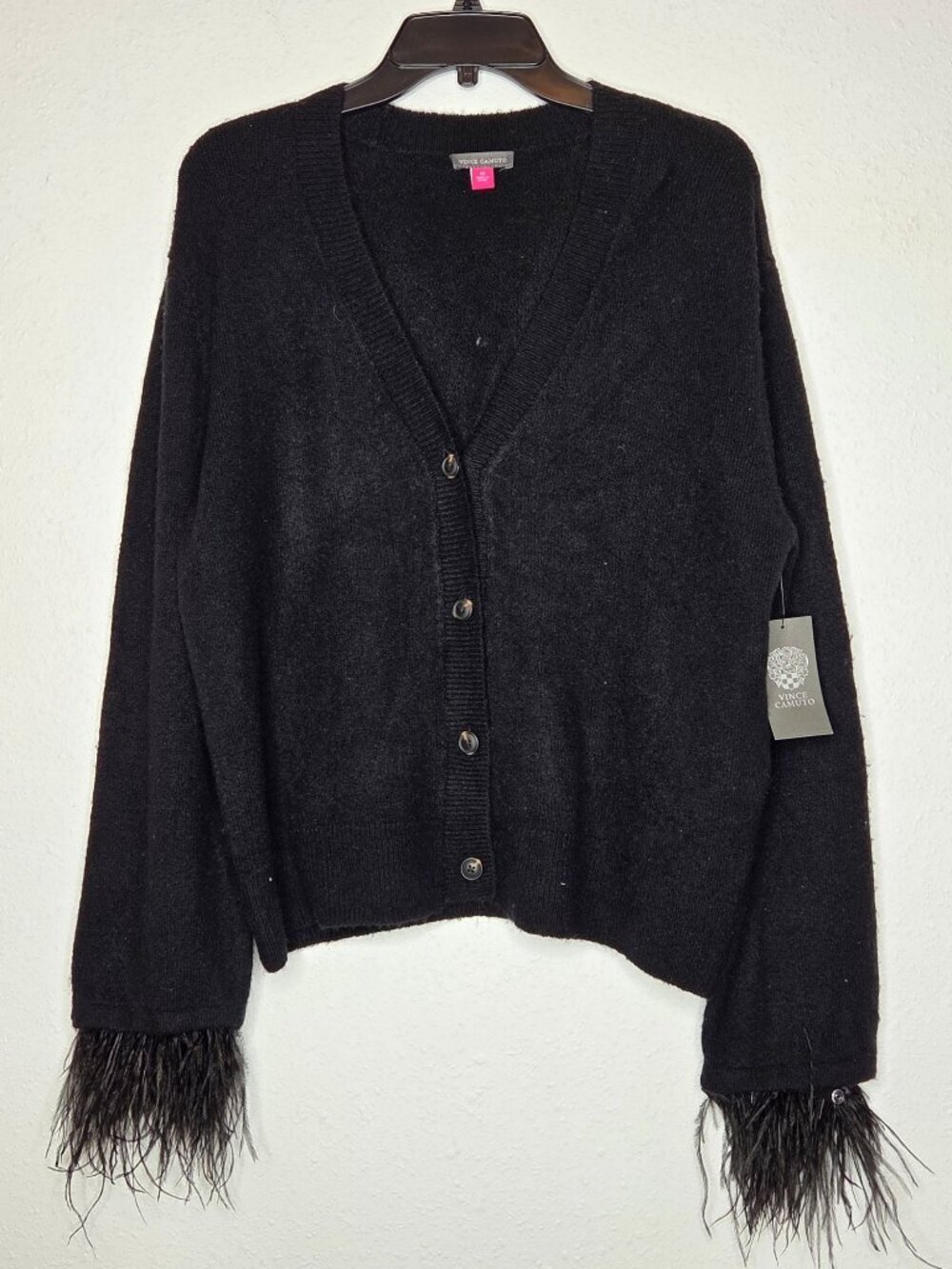 Vince Camuto Faux-Feather Trim V-Neck Cardigan